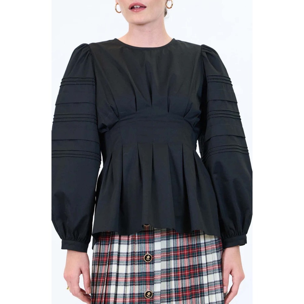 Hunter Bell New York Black Pleated Puff Sleeve Top Size 6‎ Womens